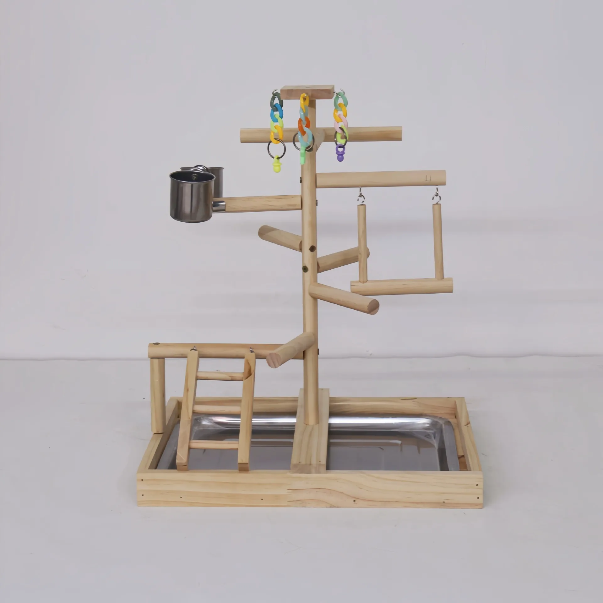 Soporte de Madera para Loros Plataforma de Entrenamiento con Tazas de Acero Inoxidable Escalera Columpio para Aves