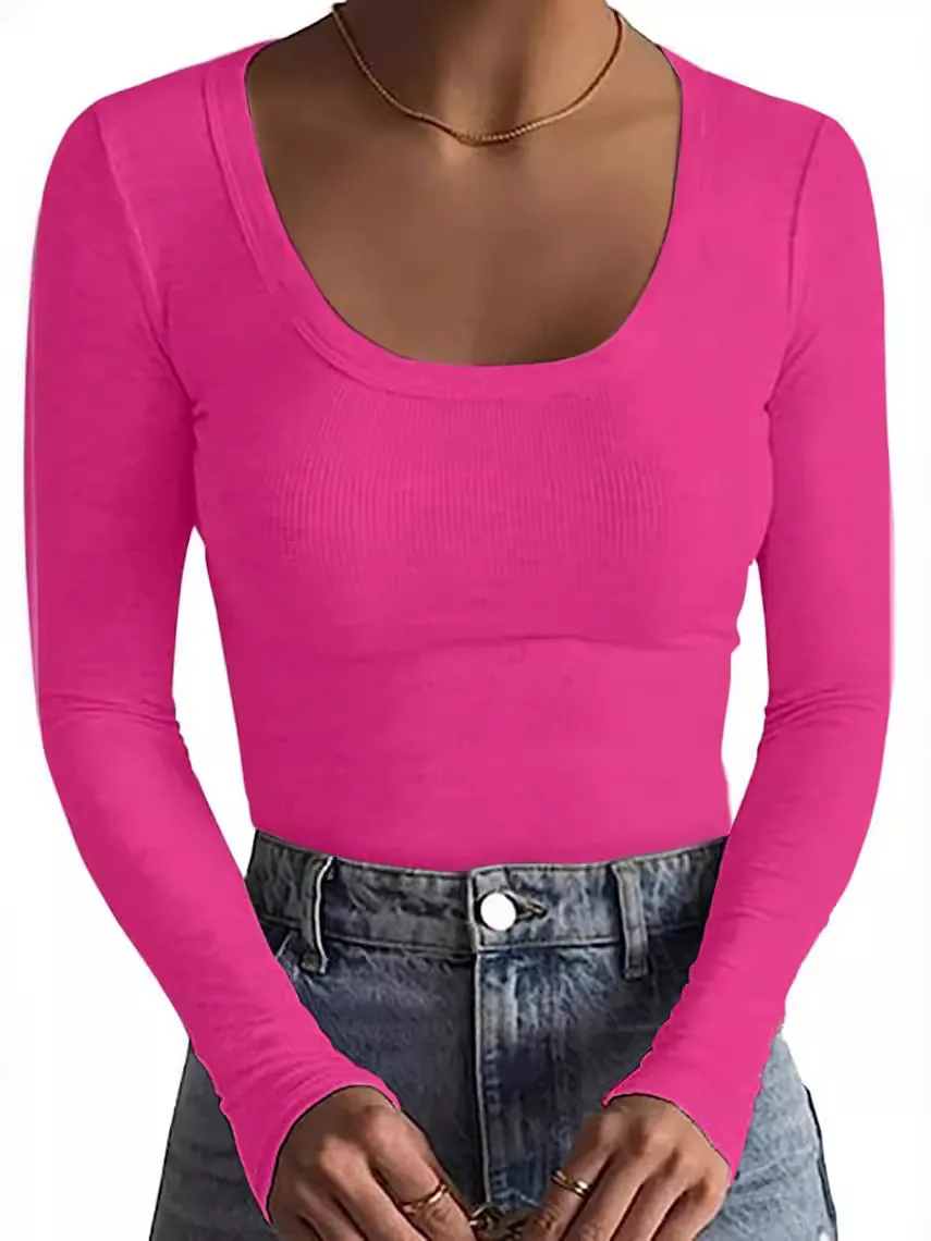 Women's Sexy Slim Fit Ribbed Long Sleeve T-Shirt Solid Color Round Neck Basic Casual Base Layer Top