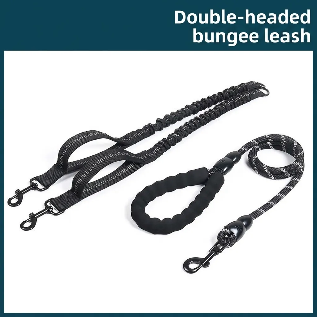 Reflective Double Dog Leash Elastic Buffer Bungee Pet Leash With Padded Foam Handle Heavy Duty Dual Lead For Walking Two Dogs