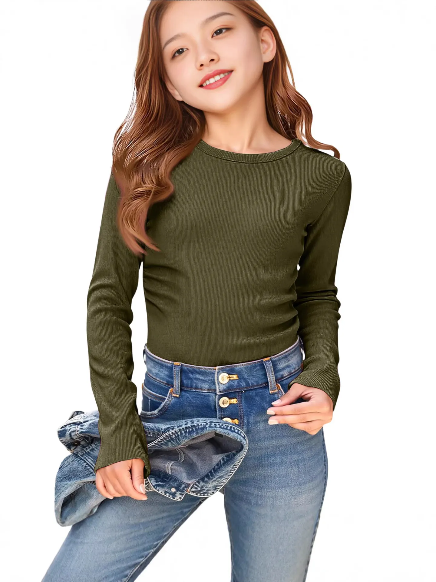 Girls Long Sleeve Ribbed T-Shirt Crew Neck Slim Fit Casual Basic Knitted Polyester Top For Kids Teens Solid Color Apparel