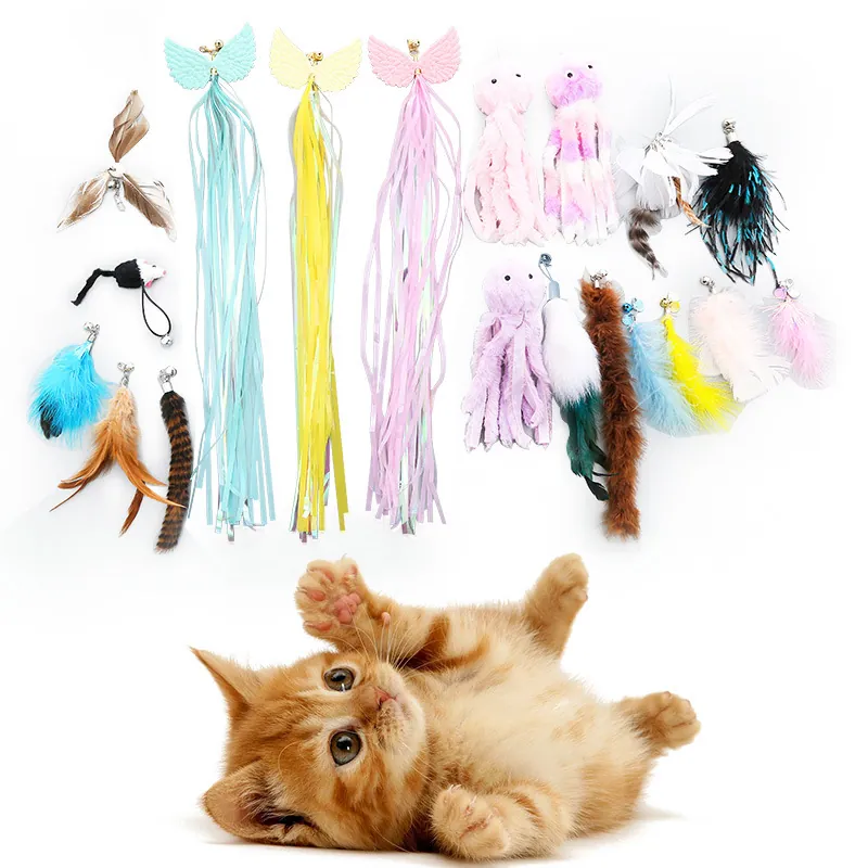 Cat Teaser Wand Replacement Heads DIY Interactive Cat Toys With Feathers Plush Tassels Bells For Indoor Kittens Boredom Relief Accessory