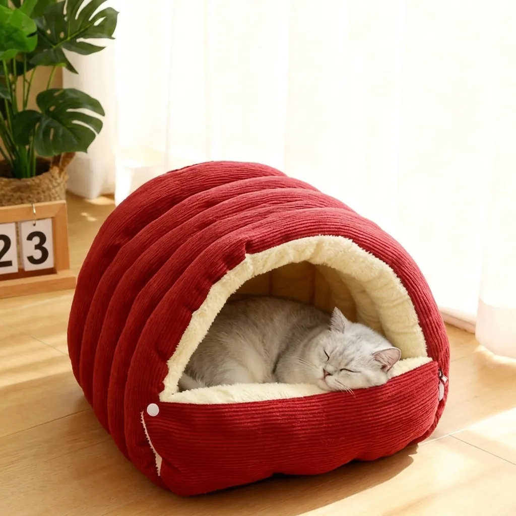 Semi-Enclosed Pet Bed For Cats And Small Dogs Soft Corduroy Warm Deep Sleep Cave Washable Cat Nest House