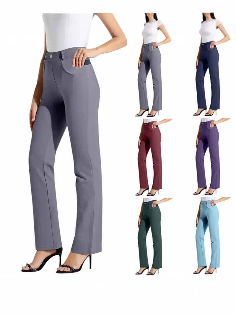 Women High Waist Straight Leg Trousers Solid Color Elastic Waist Office Casual Yoga Pants With Pockets Bottom