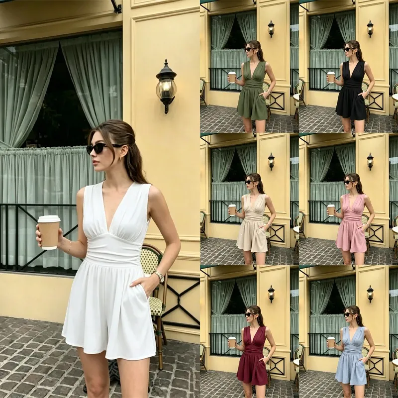 Damen Einteiler mit tiefem V-Ausschnitt Ärmellos Sommer Lässig Hohe Taille Plissiert Weites Bein Jumpsuit Einfarbig Shorts
