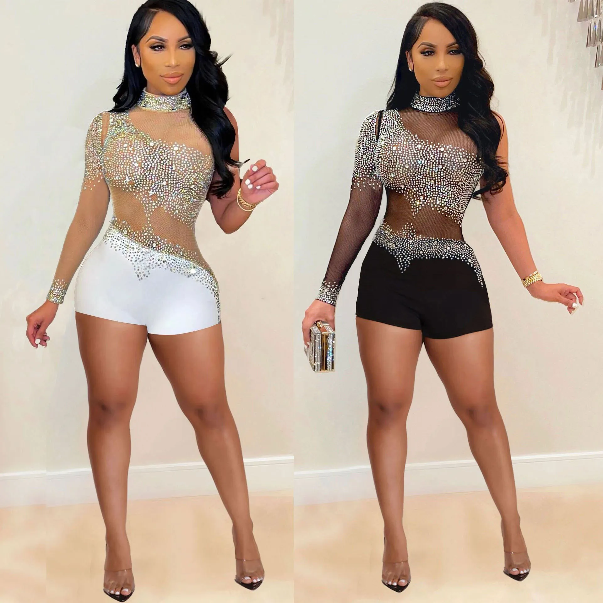 Body Donna Sexy con Strass Monospalla in Mesh Patchwork Tuta da Club Glitter Nightclub Romper Top And Bottom