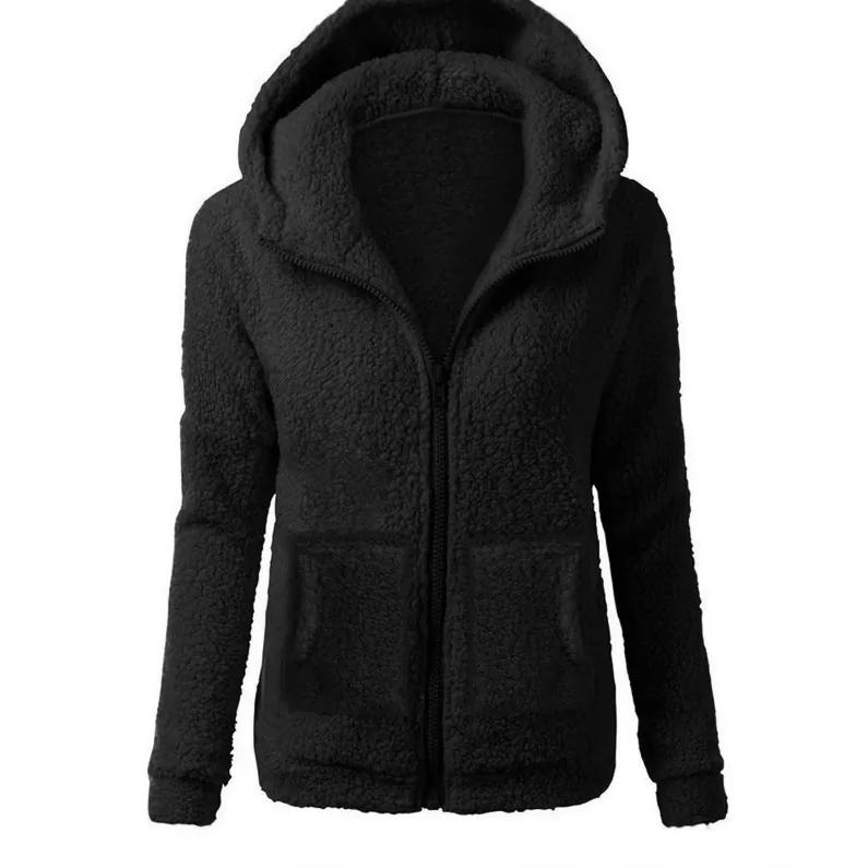 Women Fashion Solid Color Sherpa Fleece Hoodie Full Zipper Loose Fit Plush Jacket Hooded Sweatshirt Top Warm Outerwear