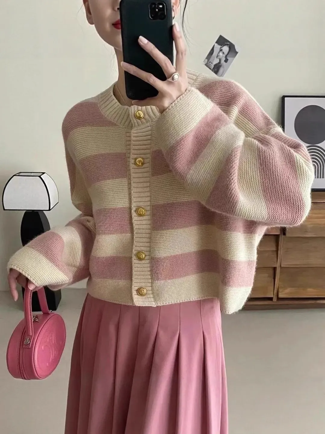 Women Elegant French Style Striped Knit Cardigan Round Neck Long Sleeve Gold Button Patchwork Acrylic Top For Autumn Winter
