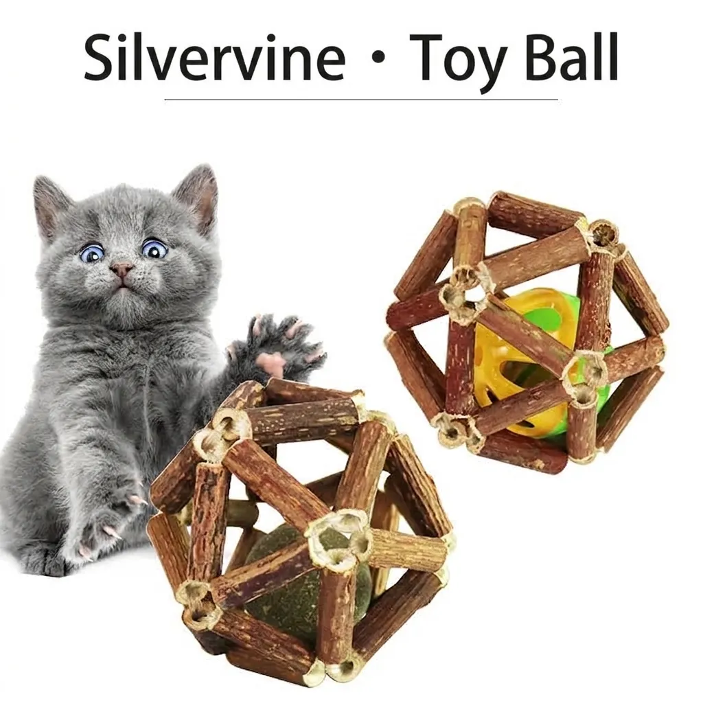 Natural Silvervine Catnip Ball Toy for Cats Teeth Grinding Silvervine Stick Toy with Bell Interactive Cat Chew Toy