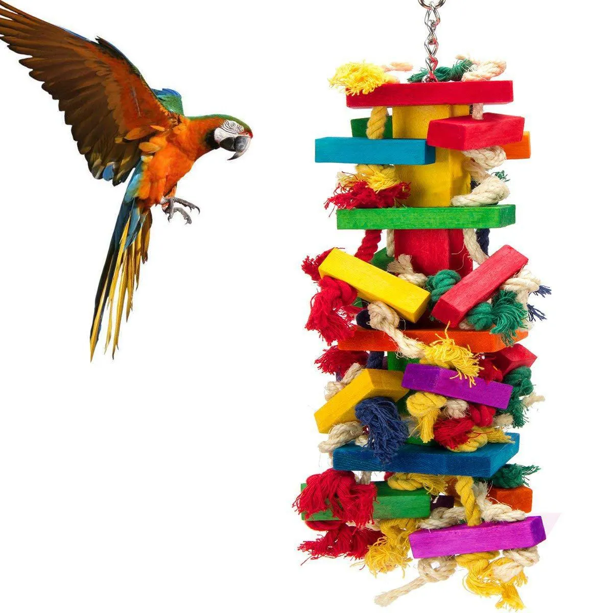 Large Colorful Parrot Chewing Toy Pine Wood Blocks Cotton Rope Bird Toy For Macaw Cockatoo Cage Hanging Entertainment Toy