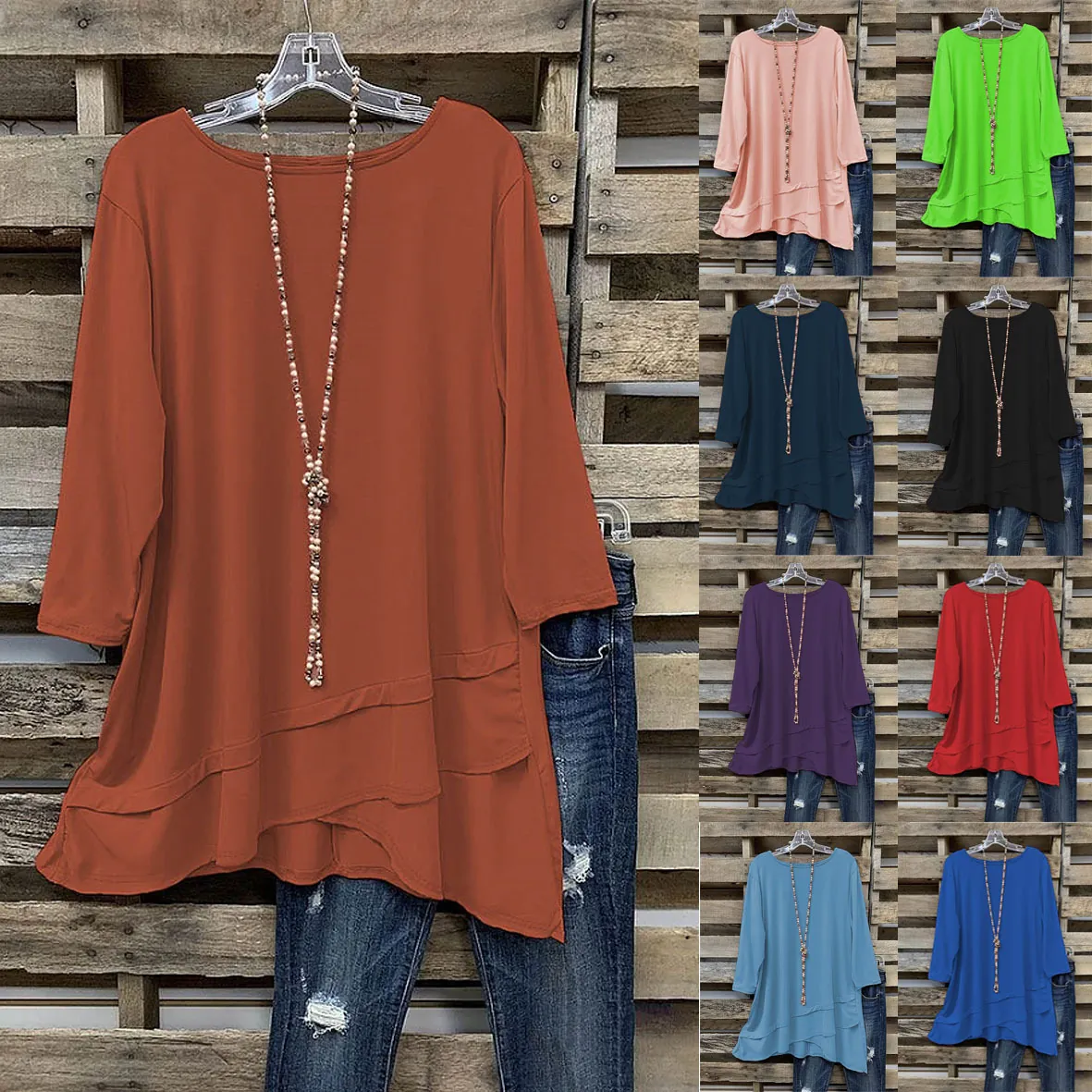 Dames Plus Size Casual Polyester T-Shirt Effen Kleur Driekwart Mouw Top Onregelmatige Gelaagde Zoom Ronde Hals Herfst Trui