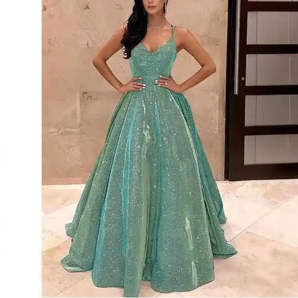 Élégante Robe de Soirée Longue à Col en V et Fines Bretelles Scintillante à Paillettes Ligne A Formelle pour Fête et Bal