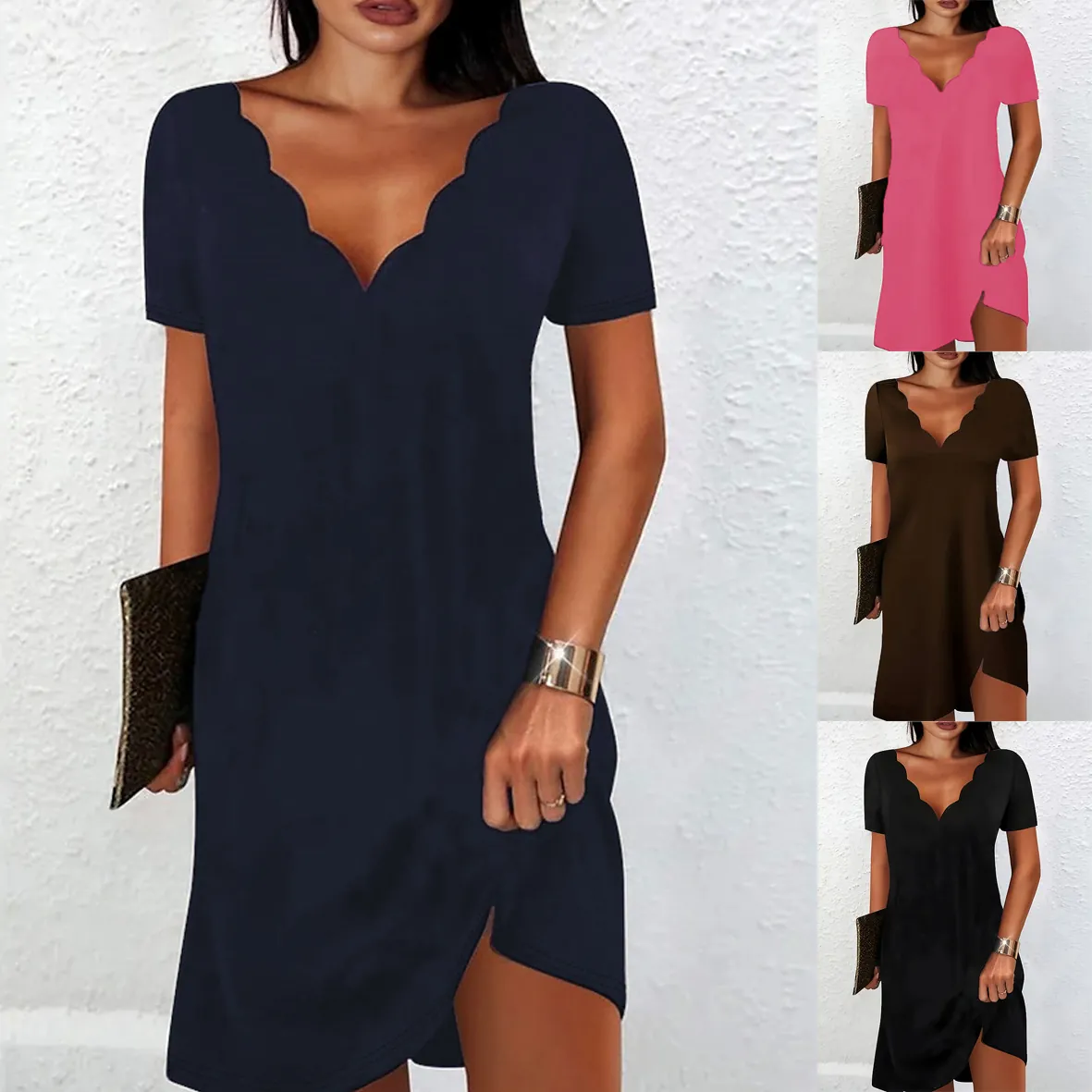 Donna Scollo a V Festonato Manica Corta Abito Tinta Unita Poliestere A-Line Midi Estate Elegante Abito Ufficio Casual Wear