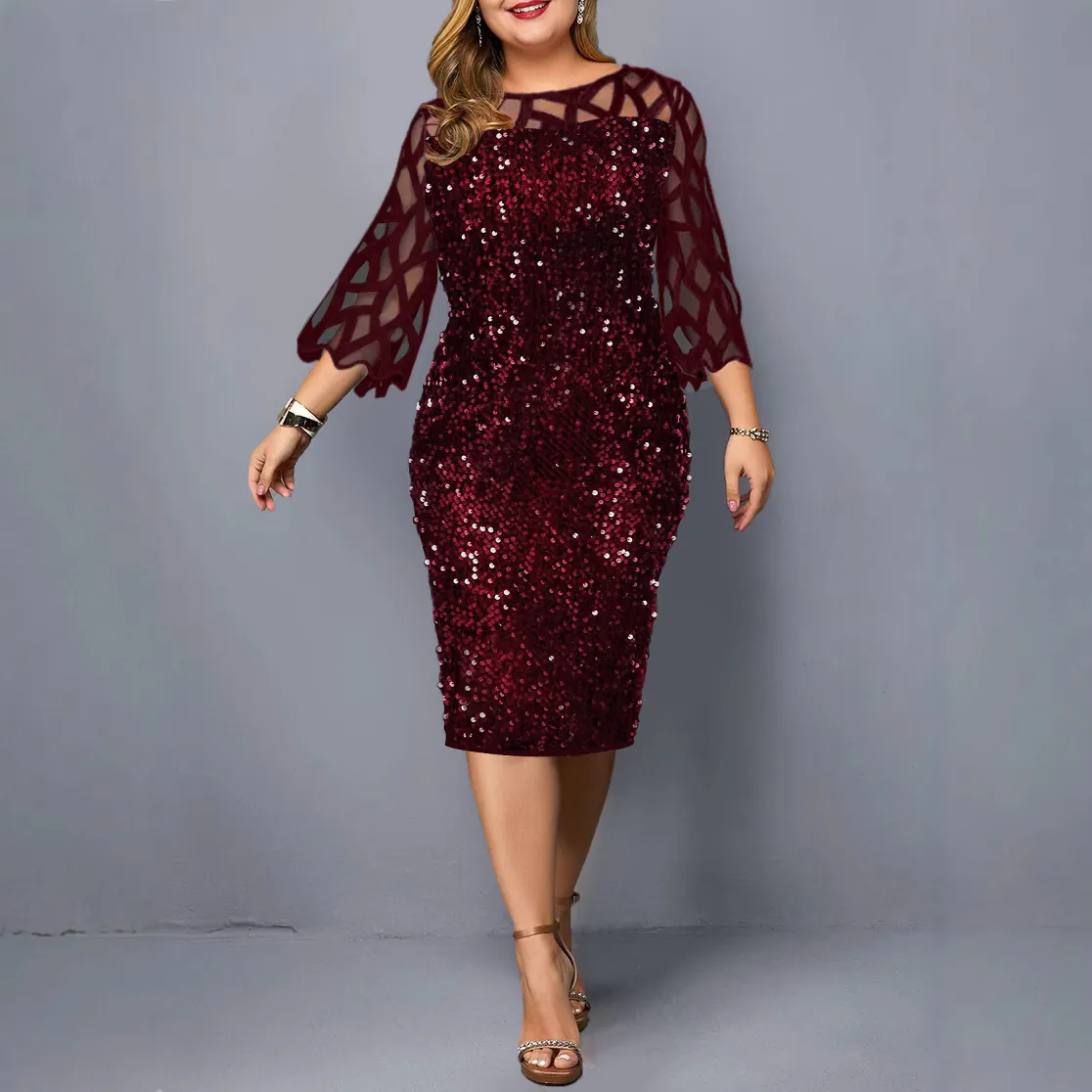Damen Übergröße Pailletten Netz-Patchwork Midi Kleid Elegant Rundhals Figurbetont Party Kleid Langarm Etuikleid Clubwear