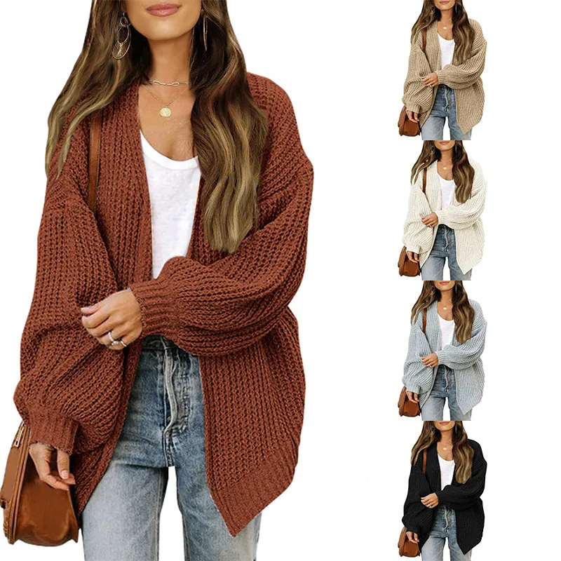 Dames Grofgebreid Vest Lantaarnmouw Zakken Polyester Lamswol Losse Trui V-Hals Open Voorkant Herfst Bovenkleding