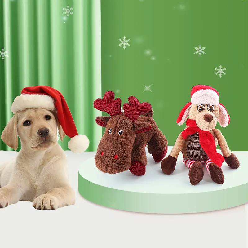 Christmas Pet Plush Toy Reindeer Puppy Dog Squeaky Toy Bite Resistant Teeth Cleaning Interactive Stuffed Animal For Dogs