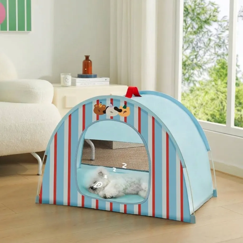 Striped Oxford Cloth Pet Tent Foldable Indoor Dog House With Mat Semi-Closed Breathable Cat Bed For Small Medium Dogs