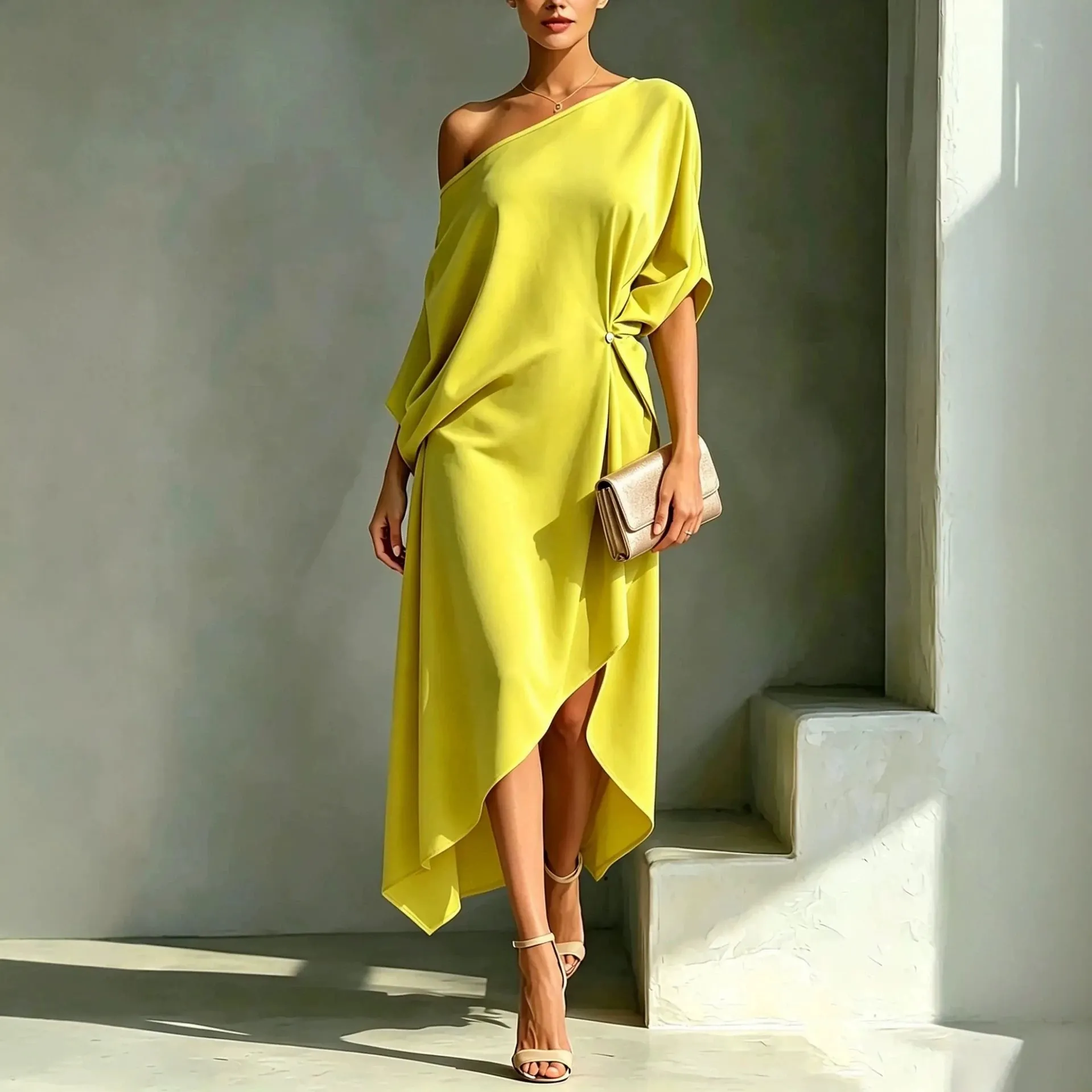 Elegant One Shoulder Asymmetric Midi Dress For Women Minimalist Solid Color Pleated Sleeveless Party Dress