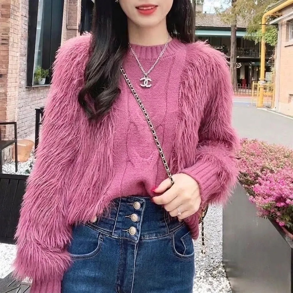 Women's Korean Lazy Style Cable Knit Sweater Faux Mink Fur Thick Warm Fluffy Pullover Top For Autumn Winter Casual Jumper