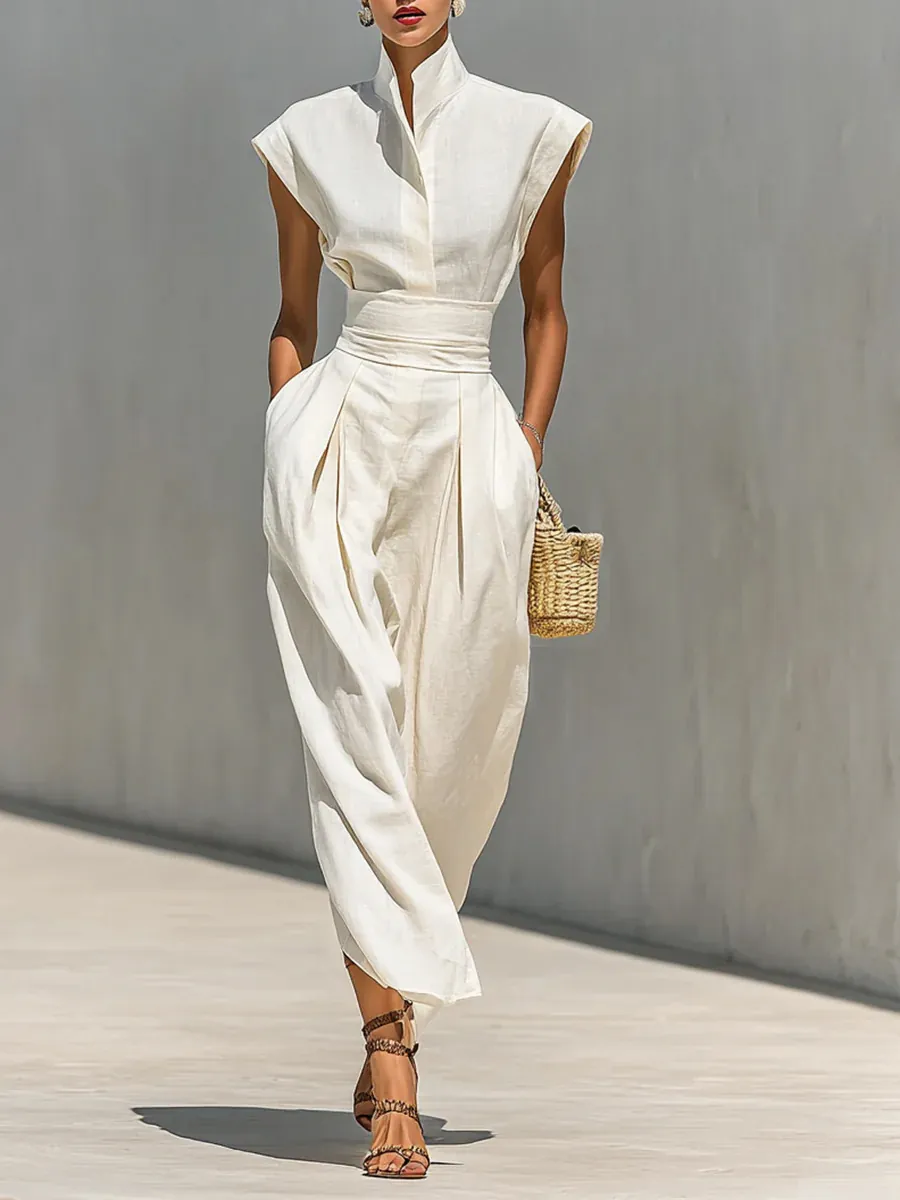 Women Elegant High Neck Sleeveless Maxi Dress Solid Color High Waist A-Line Long Dress For Summer Office Banquet Party