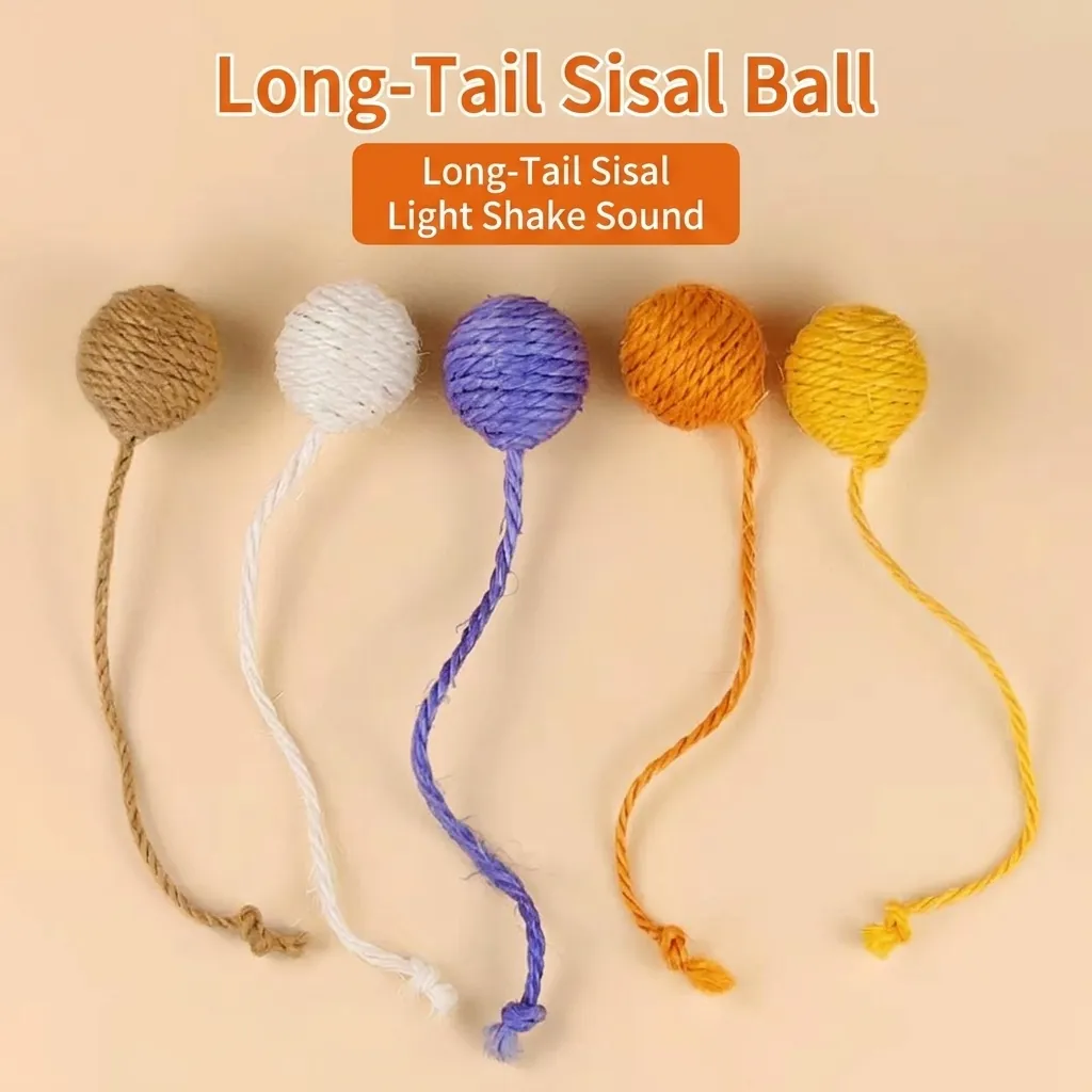 Palla Giocattolo per Gatti in Sisal Naturale Con Coda Lunga Corda Intrecciata Sonora Giocattolo Interattivo per Digrignare i Denti
