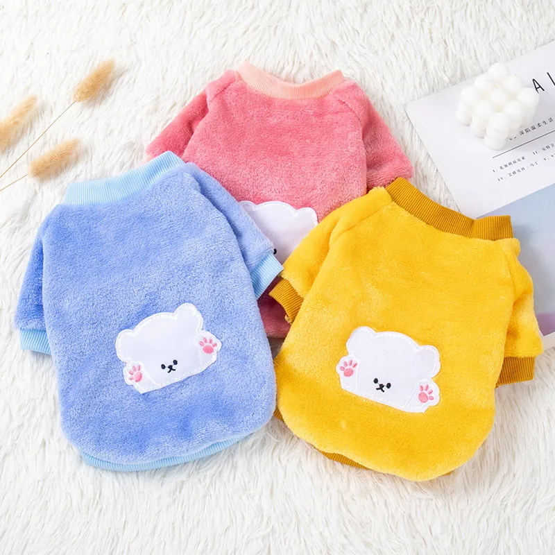 Cute Cartoon Bear Applique Pet Fleece Sweatshirt Warm Soft Coral Velvet Thick Dog Cat Winter Clothes Ribbed Cuffs Apparel