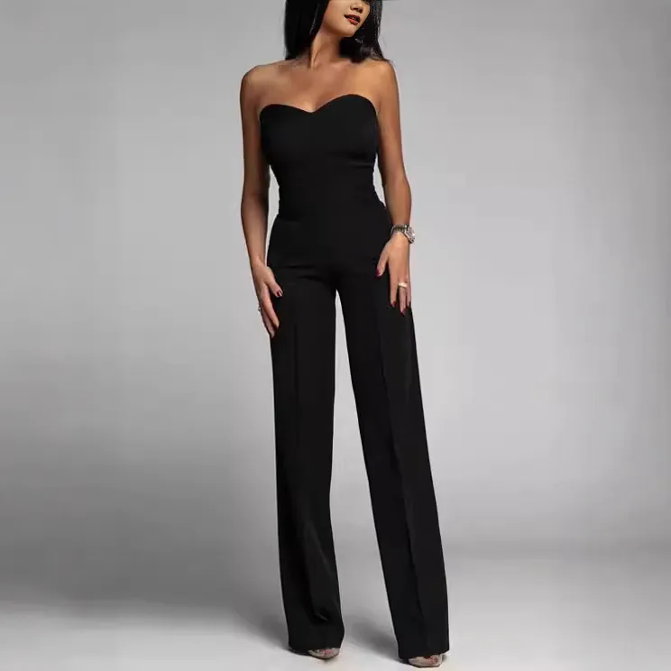 Damen Trägerlos Gerade Bein Jumpsuit Sexy Schlanke Passform Hohe Taille Einfarbig Einteiler Polyester Jumpsuit Für Sommer Party Clubwear
