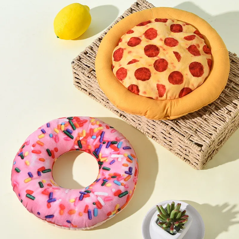Squeaky Plush Dog Toy Realistic Pizza Donut Shrimp Shape Soft Polyester Pet Molar Teeth Cleaning Interactive Puppy Toy