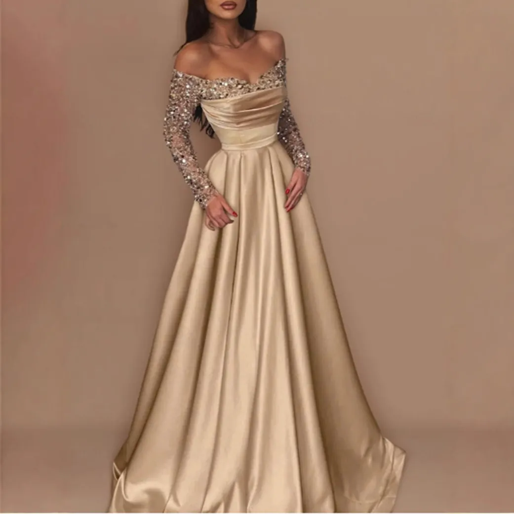 Women Off Shoulder Sequin Long Sleeve Evening Gown Elegant Satin Floor Length Slit Party Dress For Banquet Wedding Host