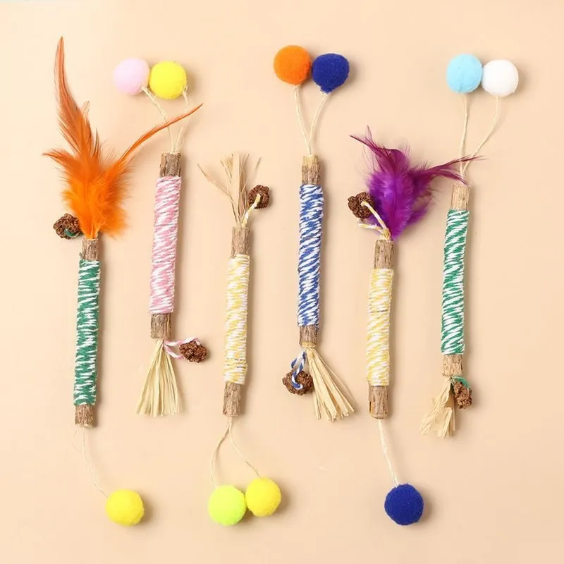Natürliche Silvervine Sticks Für Katzen Katzenminze Gallfrucht Zahnreinigungsspielzeug Mit Raffia Federn Pom Poms Interaktives Kauspielzeug