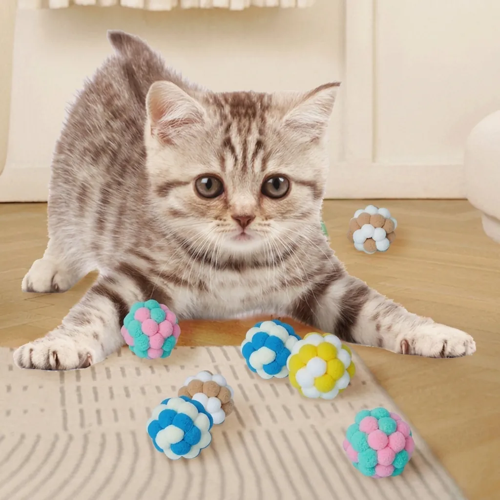 Interactive Cat Toy Ball Plush Bouncy Ball with Built-in Bell Colorful Pom Pom Ball for Kitten Indoor Exercise Pet Toy