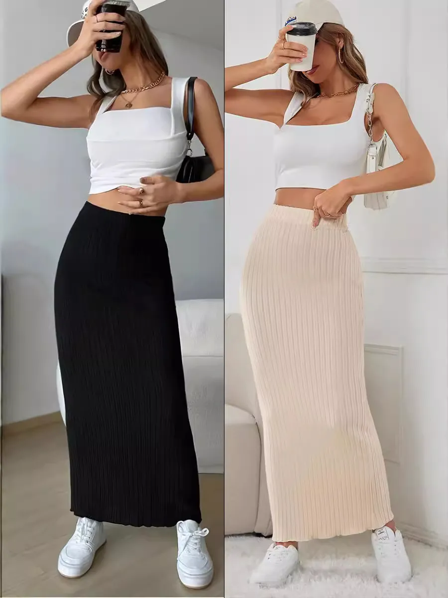 Women's Ribbed Knit Bodycon Maxi Skirt High Waist Elastic Long Pencil Skirt Casual Elegant Slim Fit Solid Bottoms