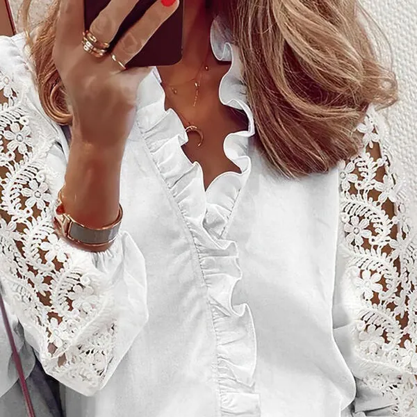 Camicetta da Donna Bianca in Pizzo Patchwork a Maniche Lunghe Elegante Scollo a V con Volant per Ufficio Stile Intellettuale