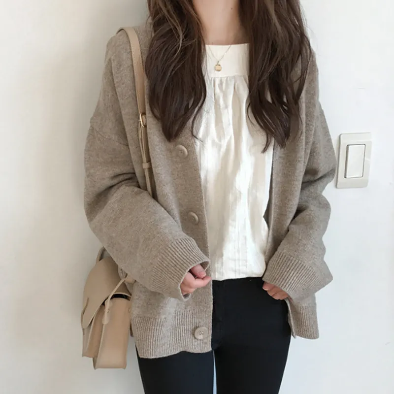 Women's V-Neck Knitted Cardigan Sweater Solid Color Loose Fit Cashmere Single Breasted Long Sleeve Knitwear Top Outerwear