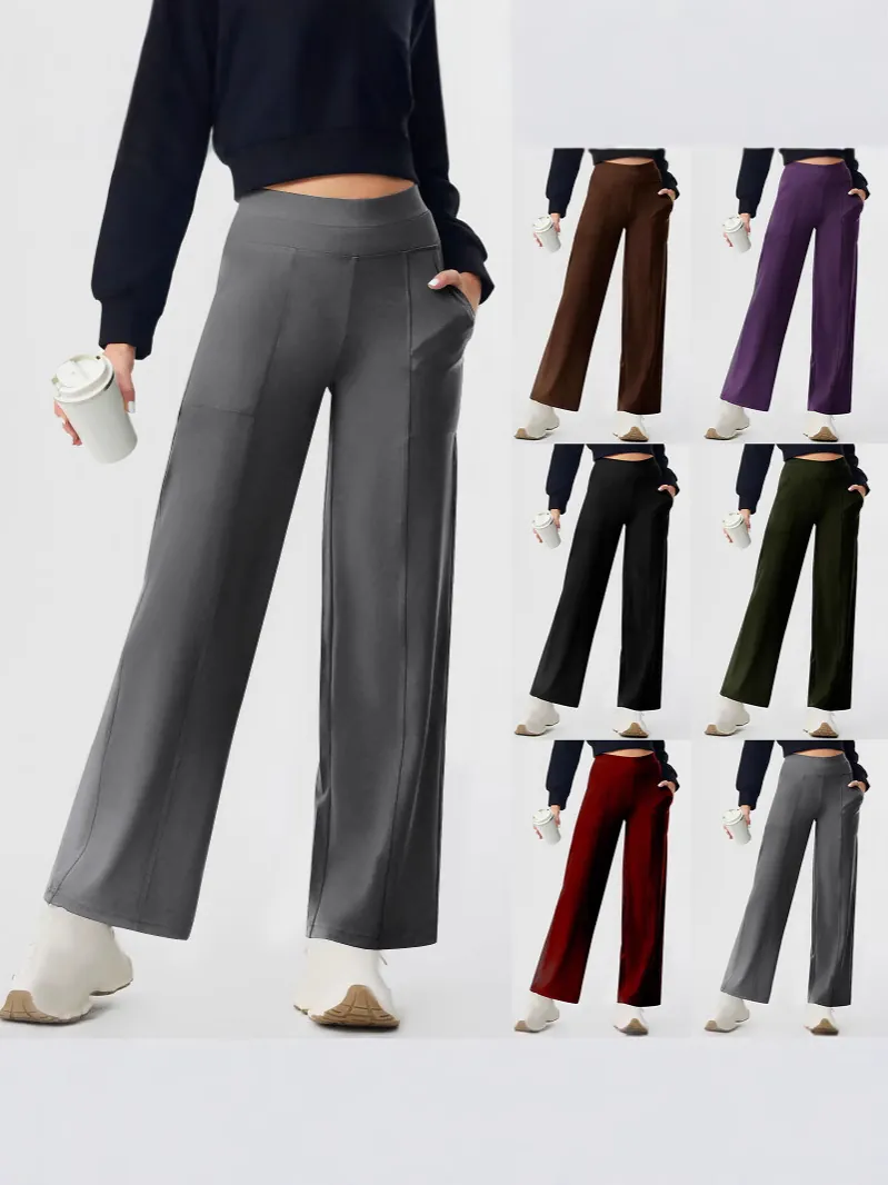 Women High Waist Straight Leg Yoga Pants Elastic Athletic Workout Trousers With Pockets Solid Color Sportswear
