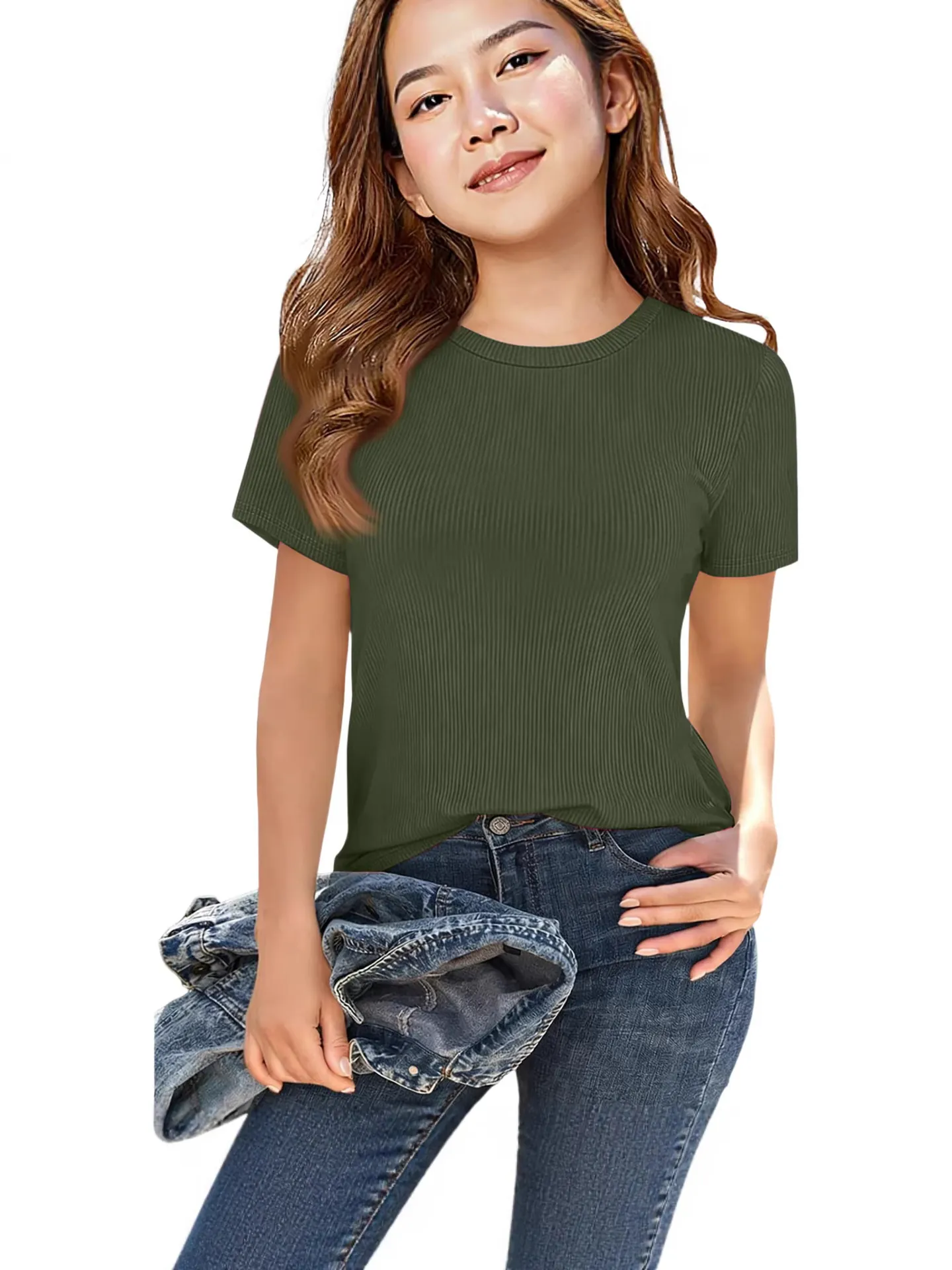 Dames Meisjes Slim Fit Ribgebreid T-Shirt Polyester Effen Kleur Ronde Hals Korte Mouw Basic Tee Casual Zomer Top