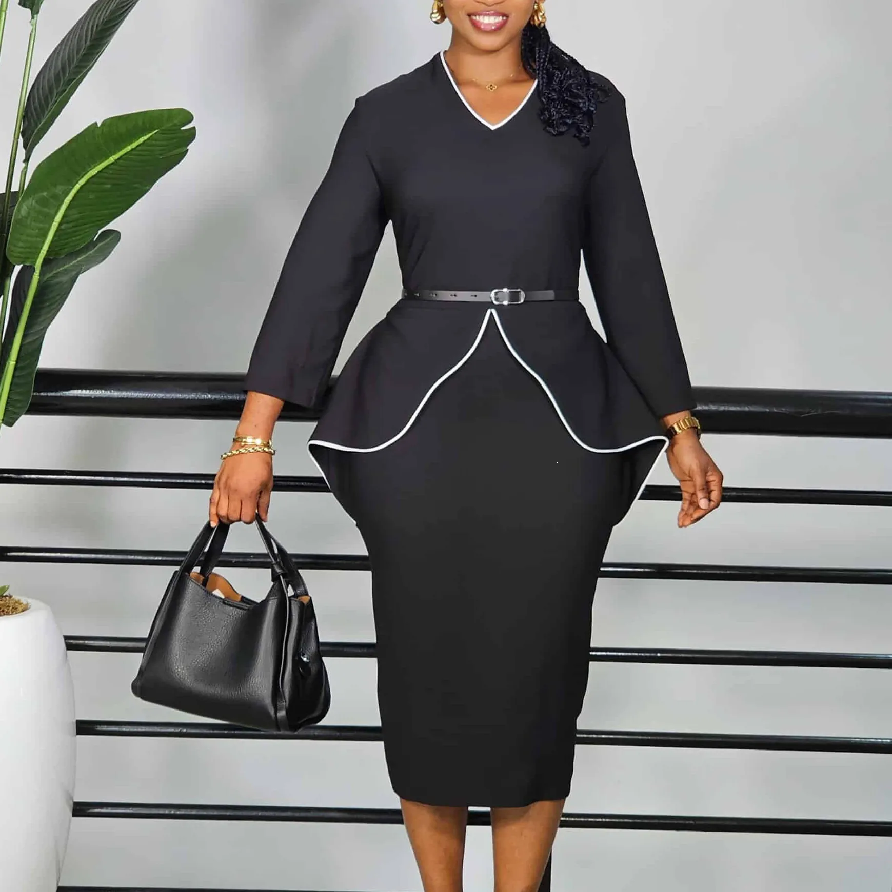 Women Elegant Long Sleeve Peplum Midi Dress Contrast Piping V Neck Professional Office Pencil Dress With Belt