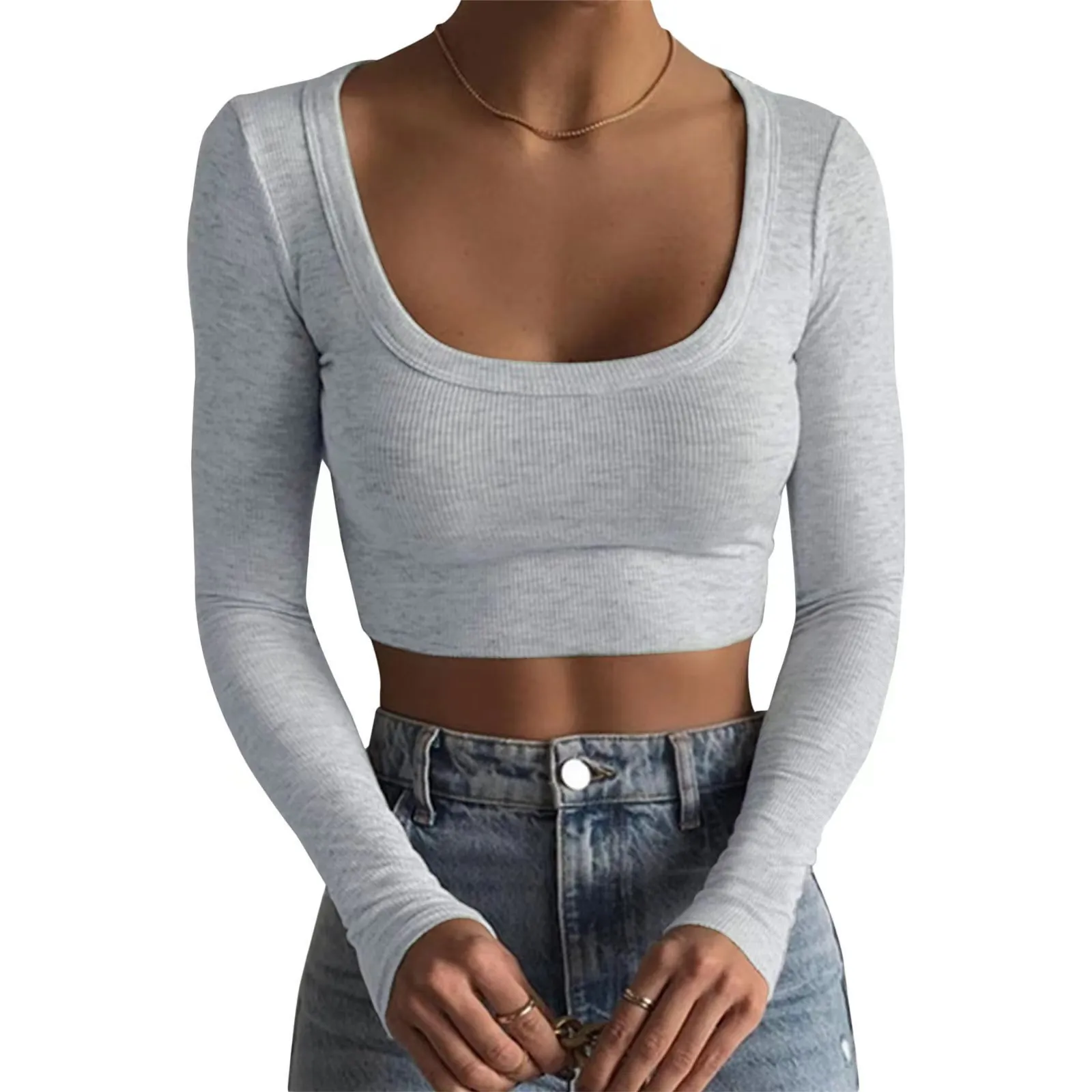 T-Shirt Nervuré Manches Longues Femme Col Rond Crop Top Coupe Ajustée Couleur Unie Décontracté Sexy Basique Printemps