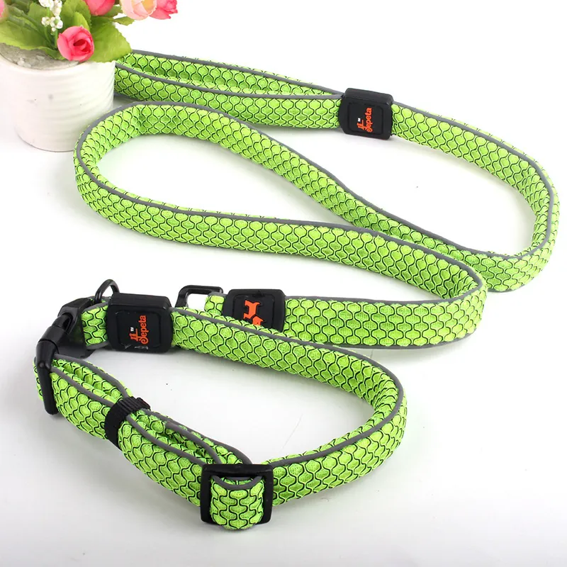 Reflective Dog Leash And Collar Set Durable Nylon Padded Handle Adjustable Night Safety Walking Leash For Dogs Night Visibility Pet Accessories