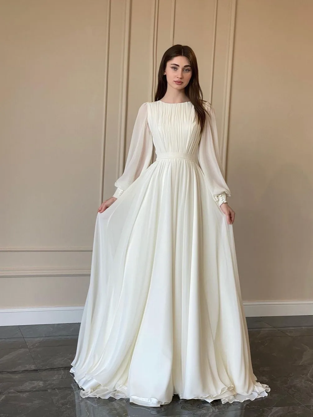Elegant French Court Style Chiffon Maxi Dress For Women Pleated Lantern Sleeve Formal Evening Gown For Wedding Banquet