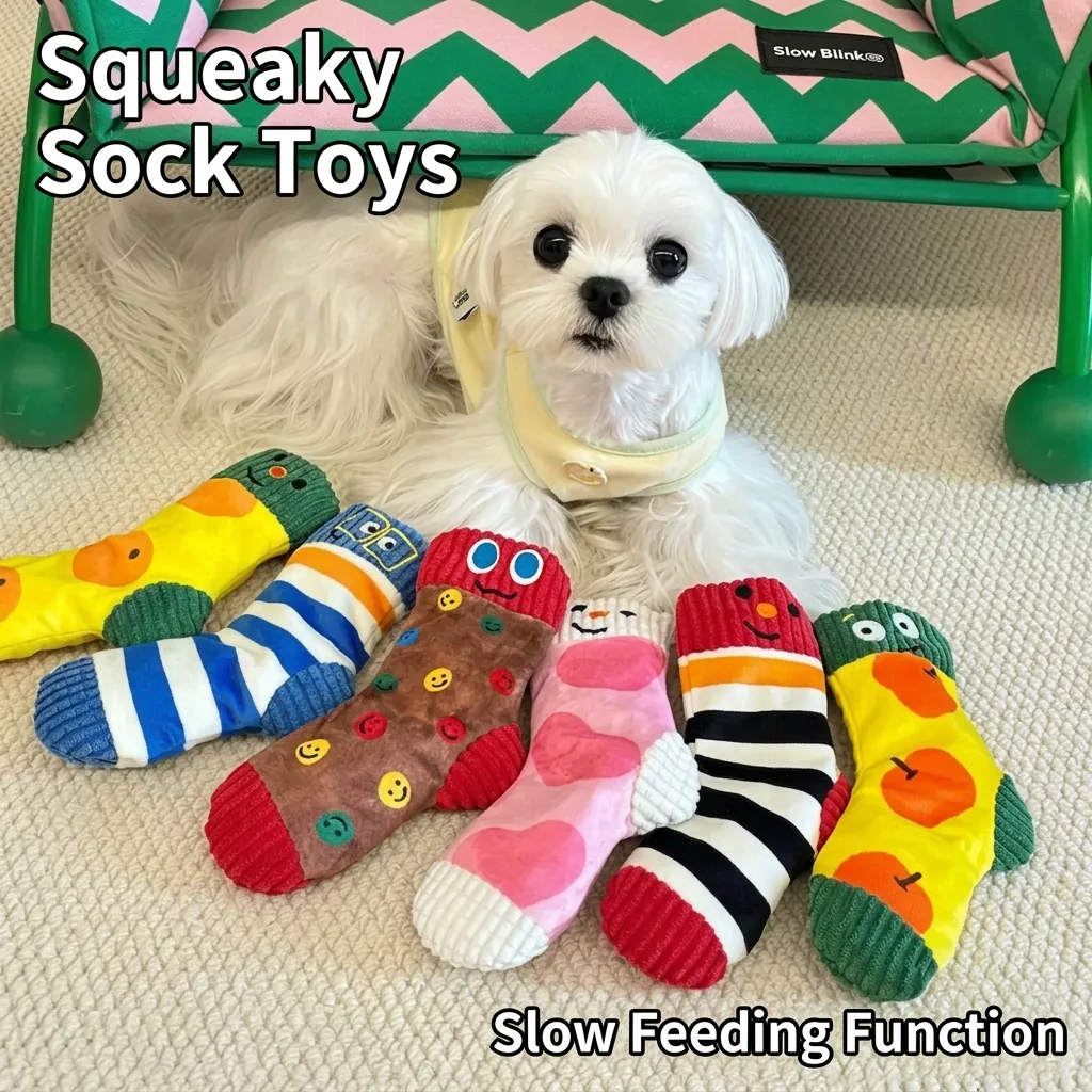 Pet Plush Squeaky Toy Sock Shape Squeaker Crinkle Paper Snuffle Toy For Small Medium Dogs Teething Chew Toy Boredom Relief