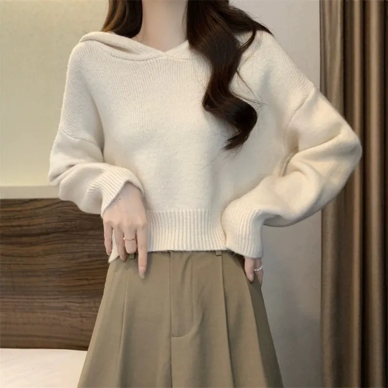 Pull à Capuche Court pour Femmes Ample Doux Décontracté Top Couleur Unie Manches Longues Tricot pour Automne Printemps
