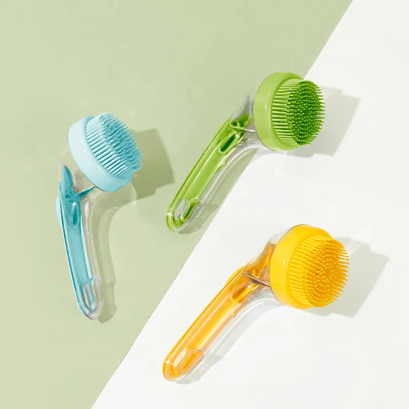 Pet Bath Brush With Soap Dispenser Long Handle Dog Cat Grooming Scrubber Plastic Silicone Bristles Massage Cleaning Tool