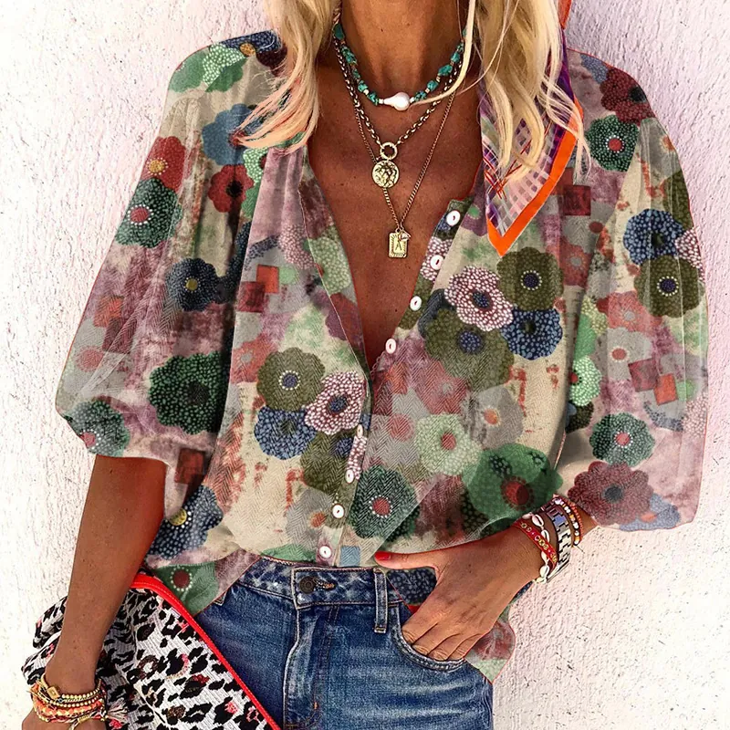 Women's Bohemian Printed V-Neck Long Sleeve Shirt Casual Polyester Loose Retro Floral Blouse Top Summer Vacation Beach Wear