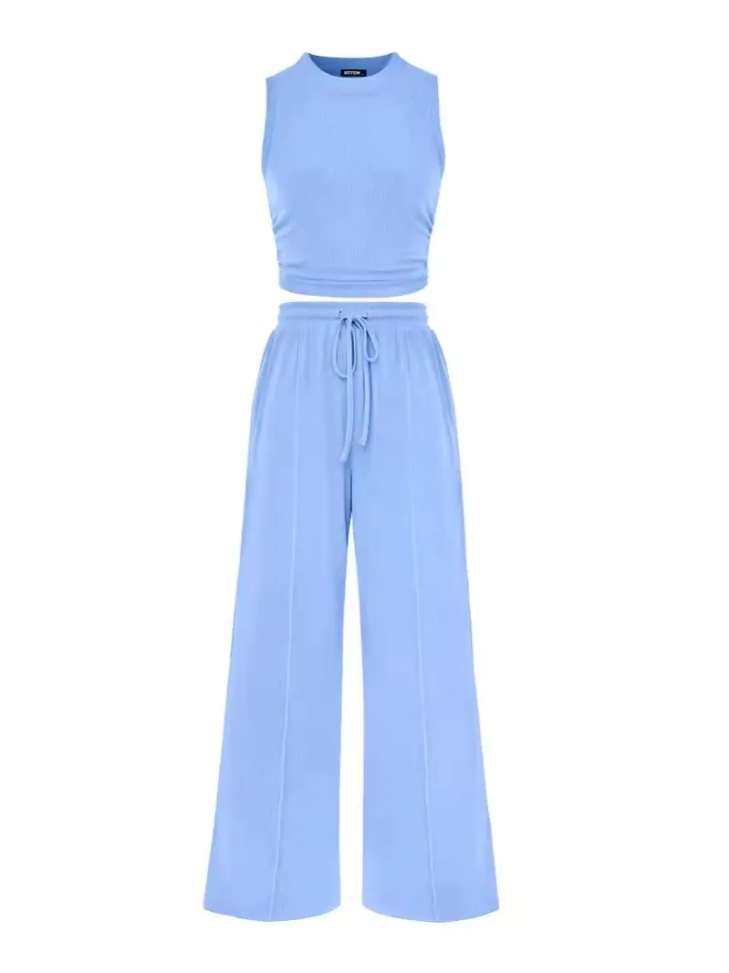 Women Knitted Sleeveless Round Neck Vest Top And Wide Leg Pants Solid Color Summer Ribbed Loungewear Stretchy Outfit