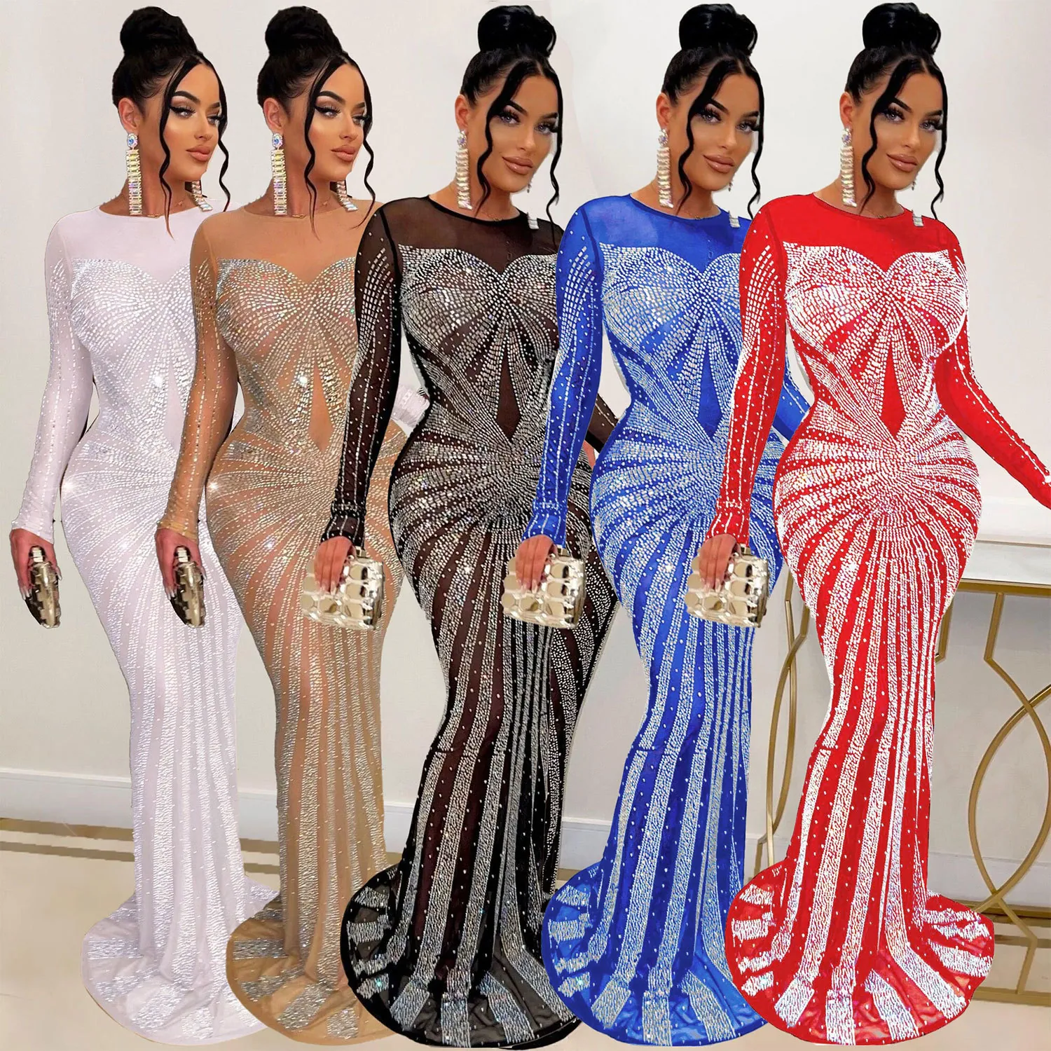 Sexy Rhinestone Mesh Mermaid Floor Length Evening Party Dress Long Sleeve Formal Bodycon Maxi Dress For Women Clubwear
