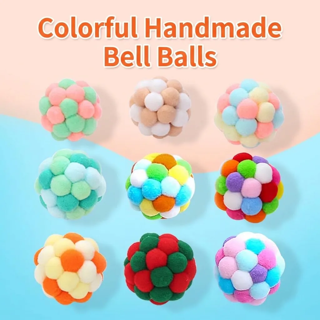 Colorful Handmade Plush Bell Ball Cat Toy Interactive Elastic Pom-pom Ball For Indoor Cats Kittens Bite Resistant Playing Pet Supplies