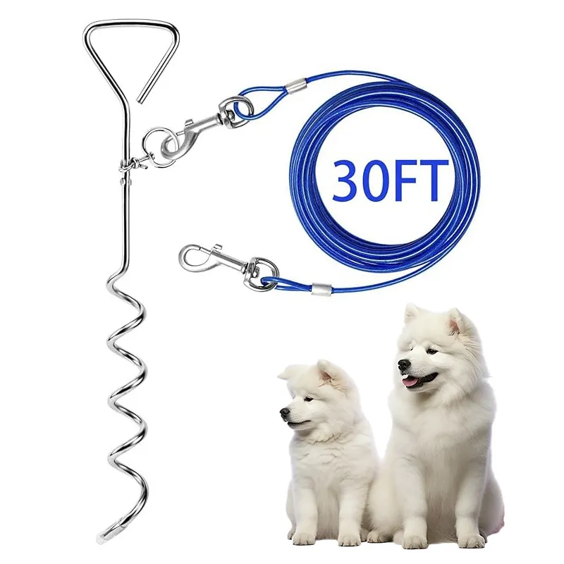 Outdoor Dog Stake and Tie-Out Cable Set Heavy Duty Metal Spiral Ground Anchor with Double Swivel Steel Leash for Yard Camping