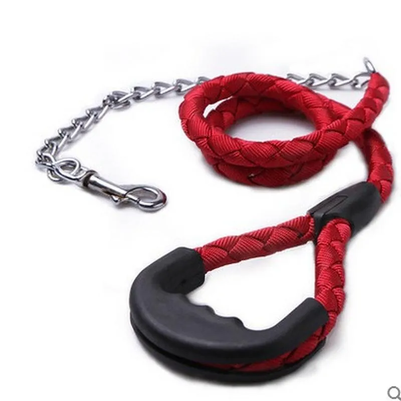 Durable Heavy Duty Pet Dog Leash Anti-Bite Metal Chain Leash With Ergonomic Rubber Handle Braided Nylon Lead For Large Dogs