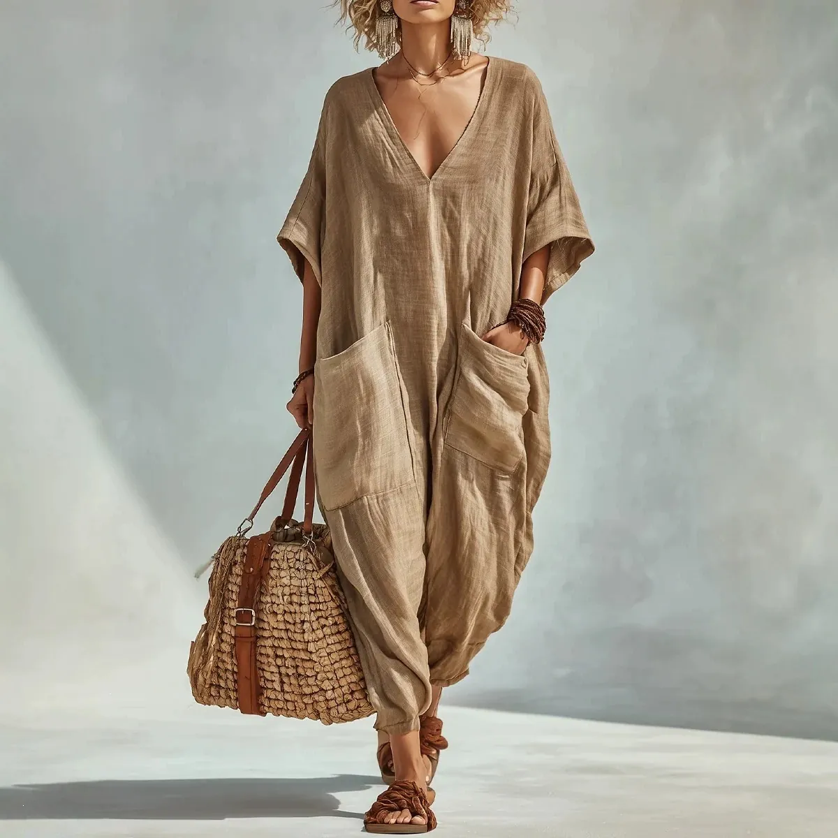 Women V Neck Loose Jumpsuit Summer Bohemian Lantern Pants With Large Pockets Solid Color Beach Vacation Polyester Romper