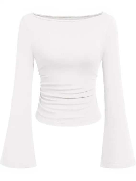 Dames Slanke Pasvorm Geribbelde Rayon Boothals T-Shirt Amerikaanse Hottie Uitlopende Mouw Geplooide Casual Top